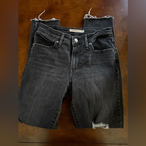 Levi 721 High Rise Skinny Jeans Black Frey Bottom Distressed Women's Size 8 - Picture 8 of 15